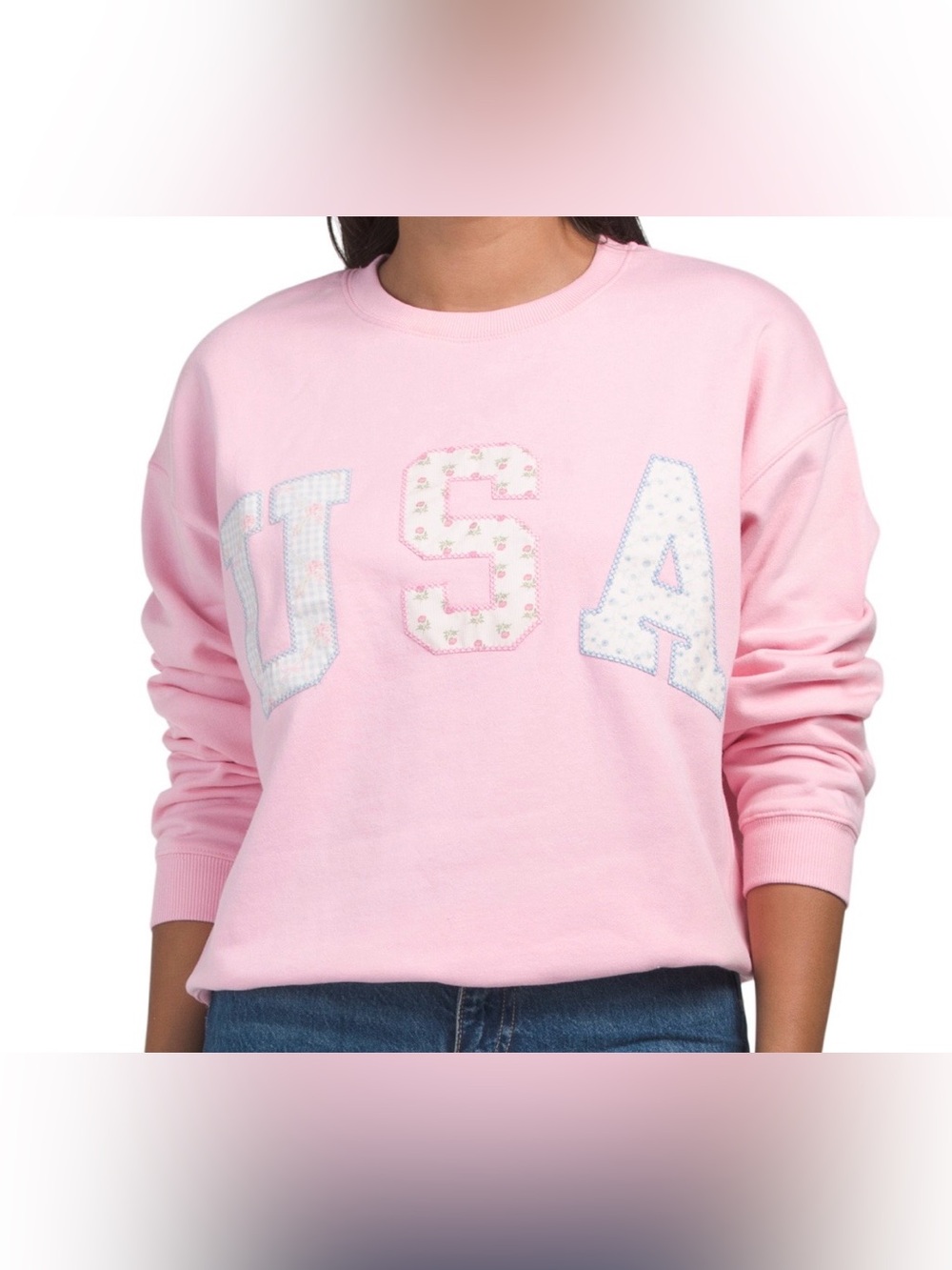 Lazy Sunday Pink USA Appliqué Crewneck Sweatshirt. NWT